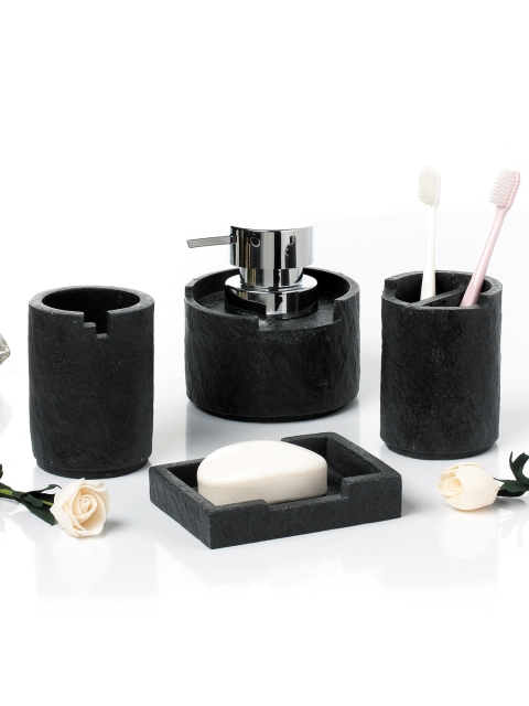 

OBSESSIONS Set Of 4 Black & Silver-Toned Solid Alvina Bathroom Accessories