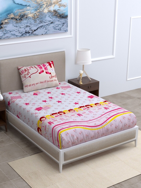 

BOMBAY DYEING White & Pink Graphic 120 TC Single Bedsheet with 1 Pillow Covers