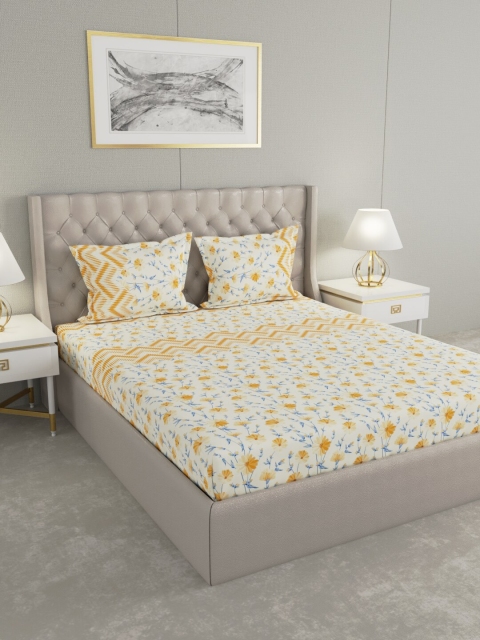 

Raymond Home White & Mustard Floral 104 TC King Bedsheet with 2 Pillow Covers