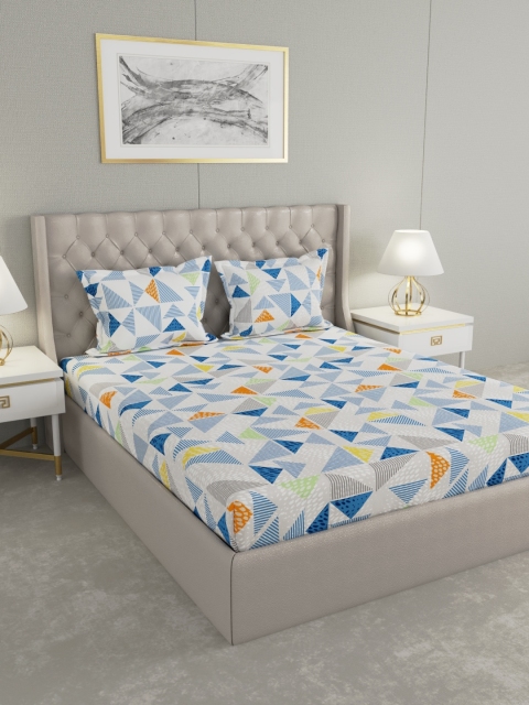 

Raymond Home White & Blue Geometric 104 TC King Bedsheet with 2 Pillow Covers