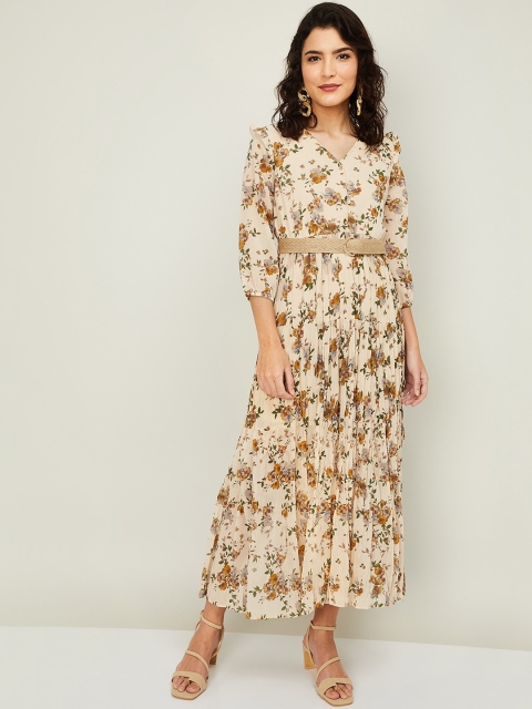 

CODE by Lifestyle Women Beige & Green Floral Printed Belted Maxi Dress