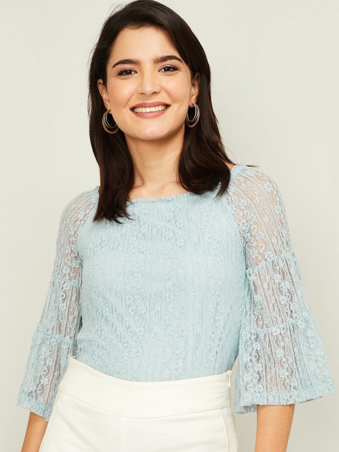 

CODE by Lifestyle Women Blue Flared Sleeve Lace Regular Top
