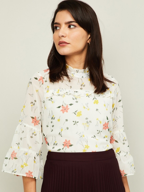 

CODE by Lifestyle Off White & Orange Floral Flared Sleeve Regular Top