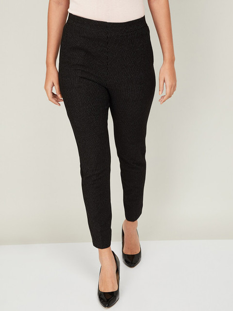 

CODE by Lifestyle Women Black & White Striped Slim Fit Cigarette Trousers