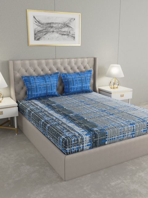 Raymond Home Grey & Blue 140 TC King Bedsheet with 2 Pillow Covers