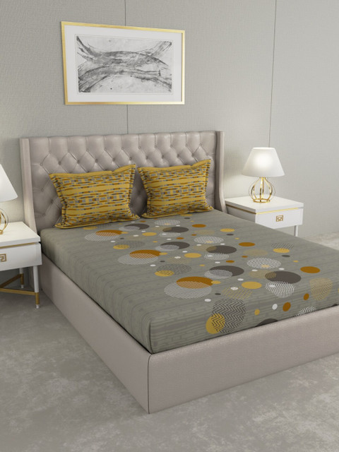 

Raymond Home Grey & Mustard Geometric 140 TC Cotton King Bedsheet with 2 Pillow Covers
