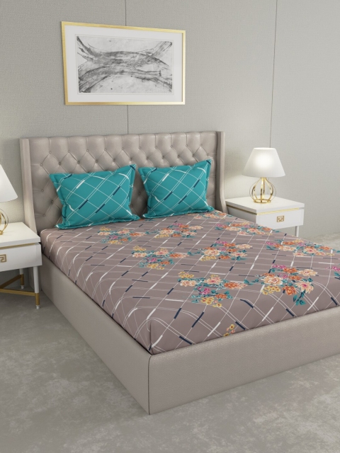 

Raymond Home Grey & Green Floral 140 TC Cotton King Bedsheet with 2 Pillow Covers