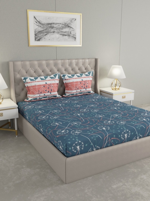 

Raymond Home Blue & White Floral 140 TC King Bedsheet with 2 Pillow Covers