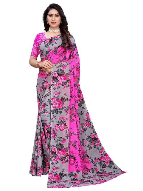 

GoSriKi Pink & Grey Floral Printed Saree