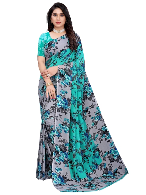 

GoSriKi Blue & Grey Floral Printed Saree