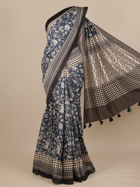

Pothys Blue & Cream-Coloured Printed Pure Silk Dabu Saree