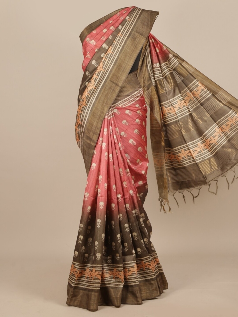 

Pothys Pink & Olive Green Floral Batik Pure Silk Saree