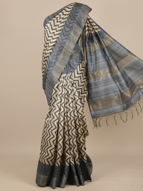

Pothys Cream-Coloured & Grey Batik Printed Pure Silk Saree