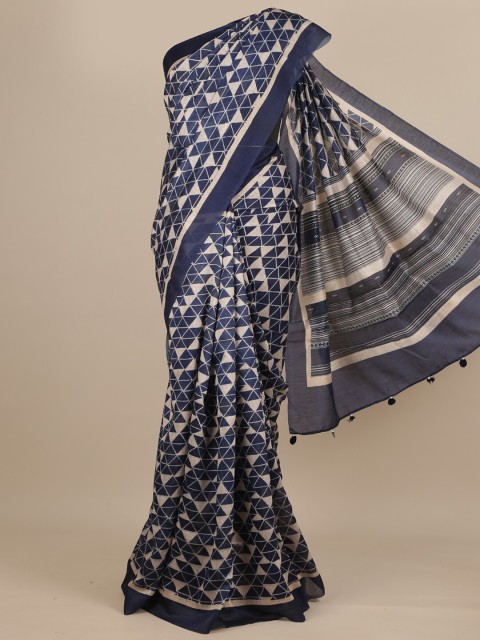 

Pothys Blue & Grey Printed Pure Silk Dabu Saree