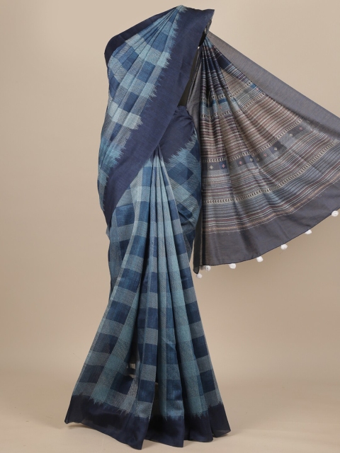 

Pothys Blue Checked Pure Silk Dabu Saree