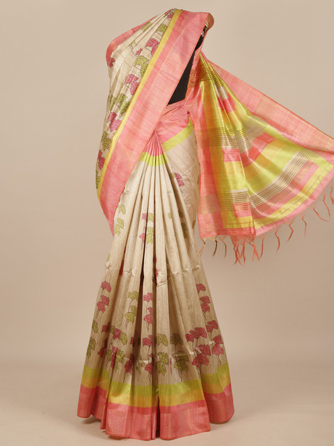 

Pothys Cream-Coloured & Peach-Coloured Floral Printed Pure Murshidabad Silk Saree