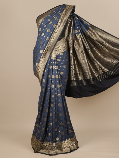 

Pothys Blue & Gold-Toned Woven Design Pure Georgette Muga Saree