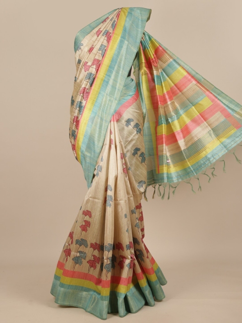 

Pothys Cream-Coloured & Pink Floral Pure Silk Murshidabad Silk Saree