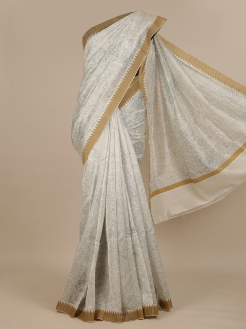 

Pothys Off White & Grey Floral Pure Silk Dabu Saree