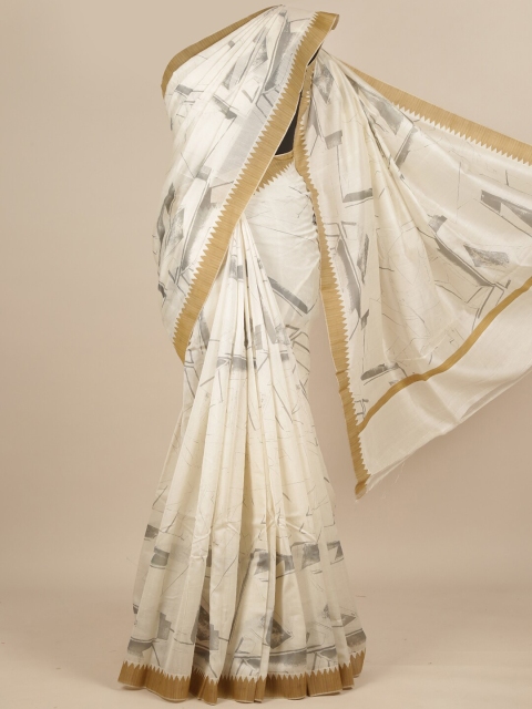 

Pothys Off White & Grey Printed Pure Silk Dabu Saree