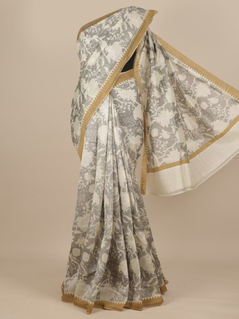 

Pothys Grey & White Floral Pure Silk Dabu Saree