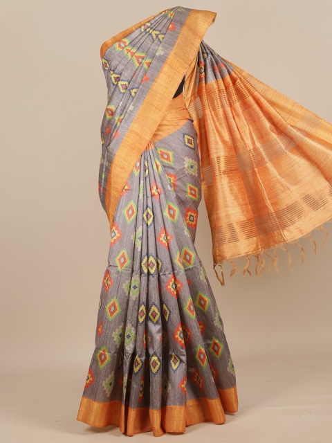 

Pothys Grey & Orange Printed Pure Silk Murshidabad silk Saree