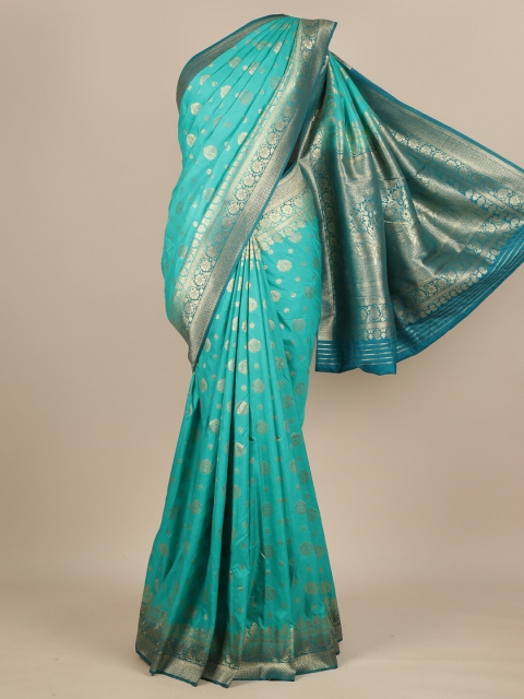 

Pothys Turquoise Blue & Gold-Toned Ethnic Motifs Zari Pure Georgette Muga Saree