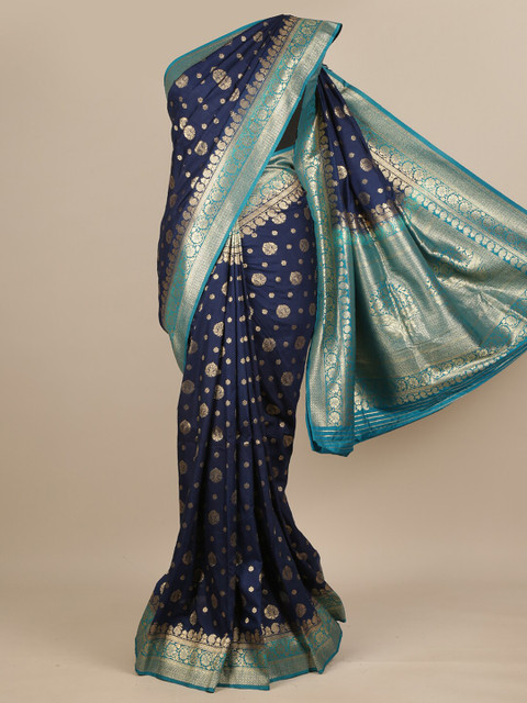 

Pothys Navy Blue & Gold-Toned Ethnic Motifs Pure Georgette Muga Saree