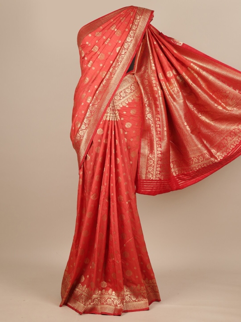 

Pothys Peach-Coloured & Gold-Toned Ethnic Motifs Pure Georgette Muga Saree