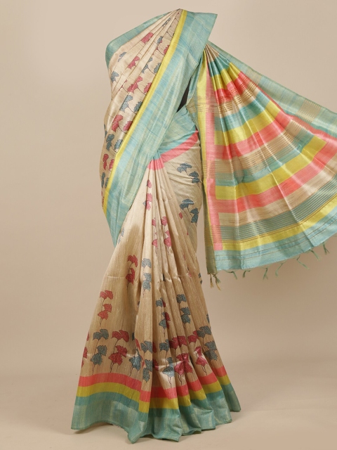 

Pothys Cream-Coloured & Red Floral Zari Pure Silk Murshidabad Silk Saree