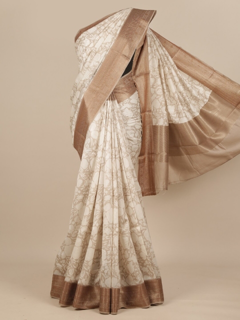 

Pothys Taupe & White Floral Printed Zari Pure Silk Dabu Saree