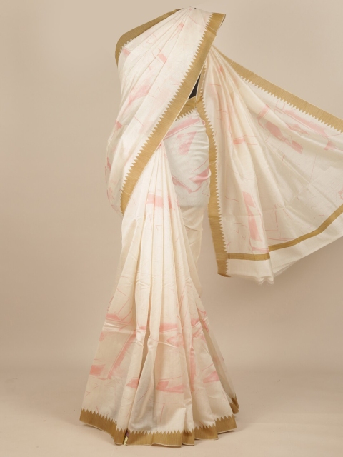 

Pothys Off White & Pink Abstract Printed Pure Silk Dabu Saree