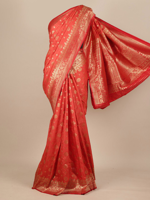 

Pothys Peach-Coloured & Gold-Toned Woven Design Pure Georgette Muga Saree