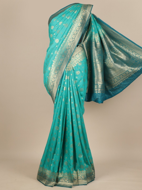 

Pothys Turquoise Blue & Silver-Toned Ethnic Motifs Pure Georgette Muga Saree