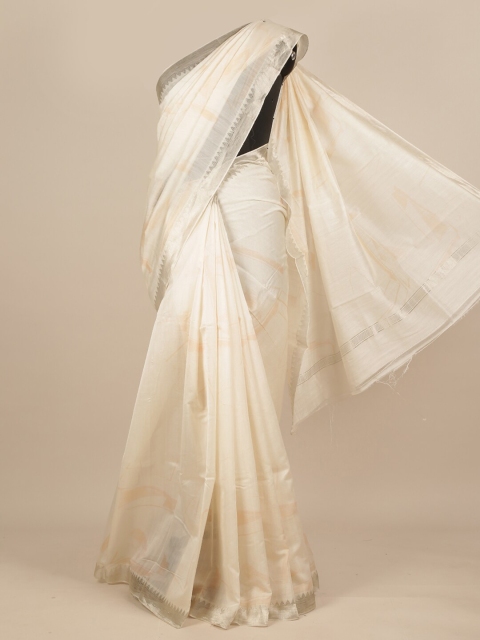 

Pothys Off White & Silver-Toned Pure Silk Dabu Saree