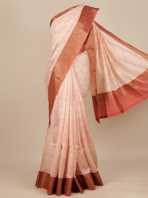 

Pothys Peach-Coloured & Maroon Floral Printed Pure Silk Dabu Saree