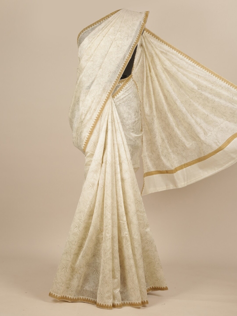 

Pothys Off White & Gold-Coloured Floral Printed Pure Silk Dabu Saree
