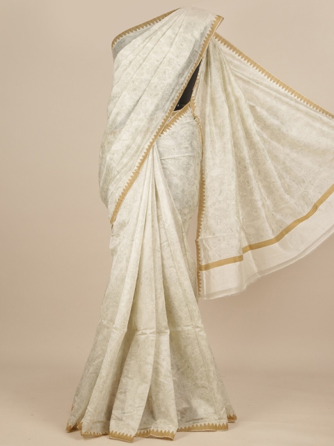 

Pothys Cream-Coloured & Gold Floral Printed Pure Silk Dabu Saree