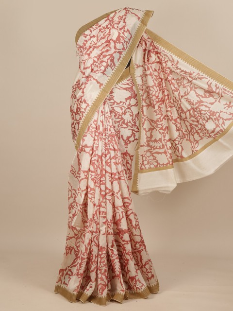

Pothys Off White & Pink Floral Printed Pure Silk Dabu Saree