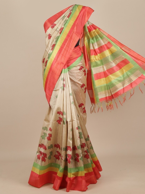 

Pothys Beige & Pink Floral Pure Silk Murshidabad silk Saree