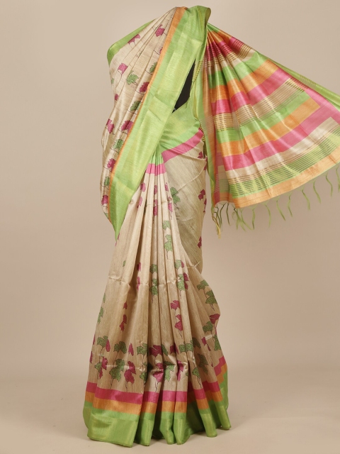 

Pothys Cream-Coloured & Green Floral Printed Pure Murshidabad Silk Saree