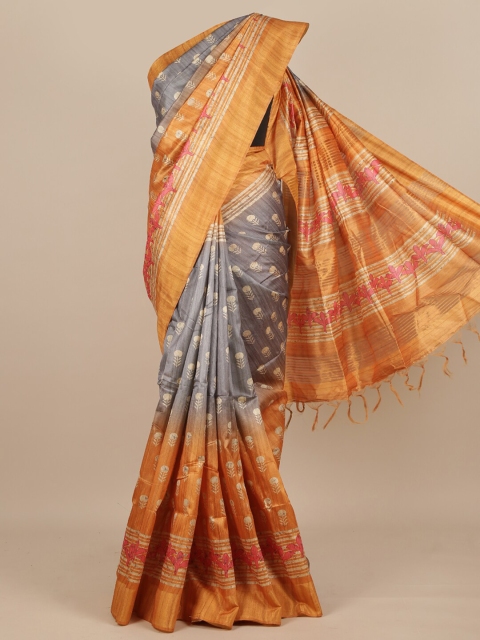 

Pothys Grey & Mustard Floral Printed Pure Silk Saree