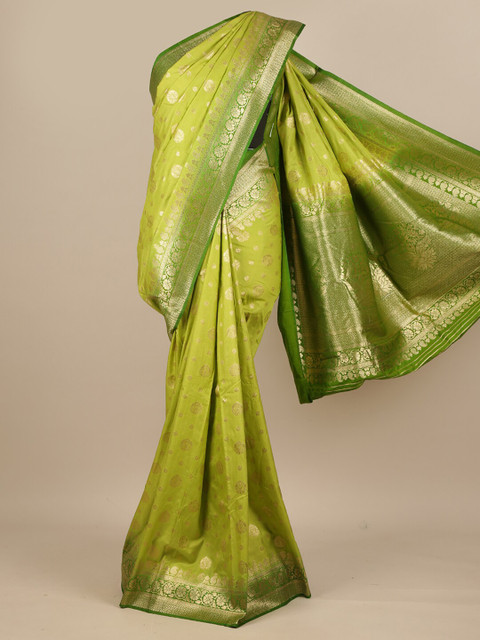 

Pothys Lime Green & Gold-Toned Ethnic Motifs Zari Pure Georgette Muga Saree