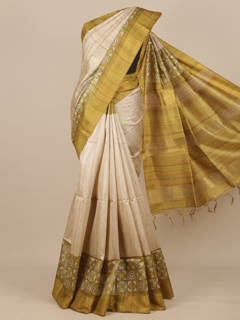 

Pothys Cream-Coloured & Green Geometric Printed Pure Silk Saree