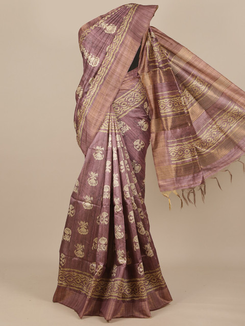 

Pothys Purple & Cream-Coloured Batik Zari Pure Silk Saree