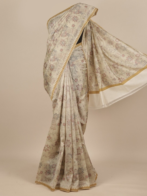 

Pothys Cream-Coloured & Maroon Floral Printed Pure Silk Dabu Saree