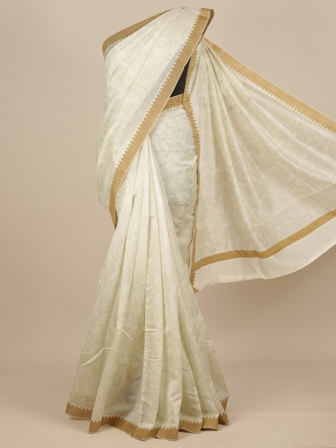 

Pothys Cream-Coloured & Beige Floral Pure Silk Dabu Saree