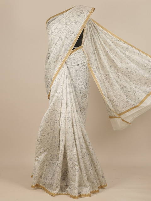 

Pothys Off White & Grey Floral Pure Silk Dabu Saree