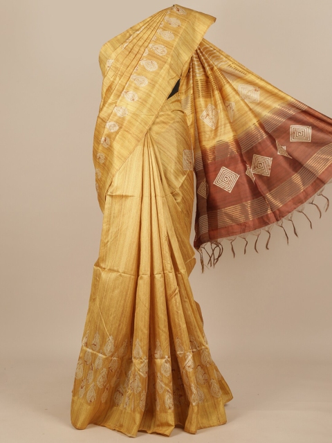 

Pothys Gold-Coloured & Brown Ethnic Motifs Printed Pure Silk Saree