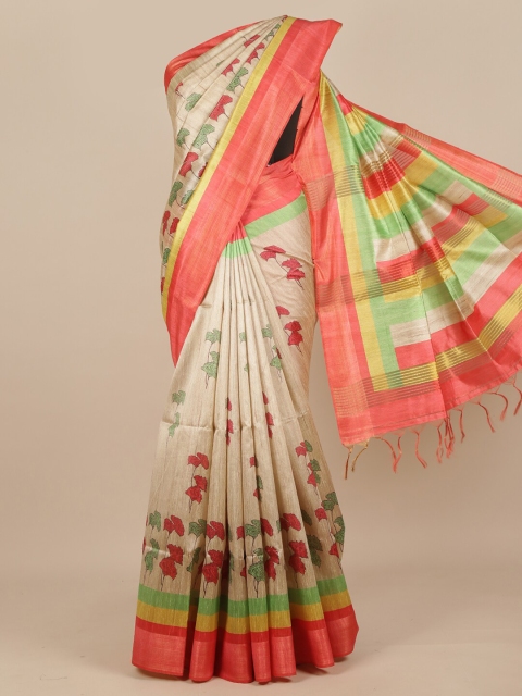

Pothys Cream-Coloured & Green Floral Pure Silk Murshidabad silk Saree